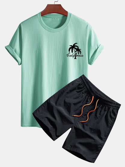 California Palm Tree Print Cotton T-Shirt & Swim Shorts